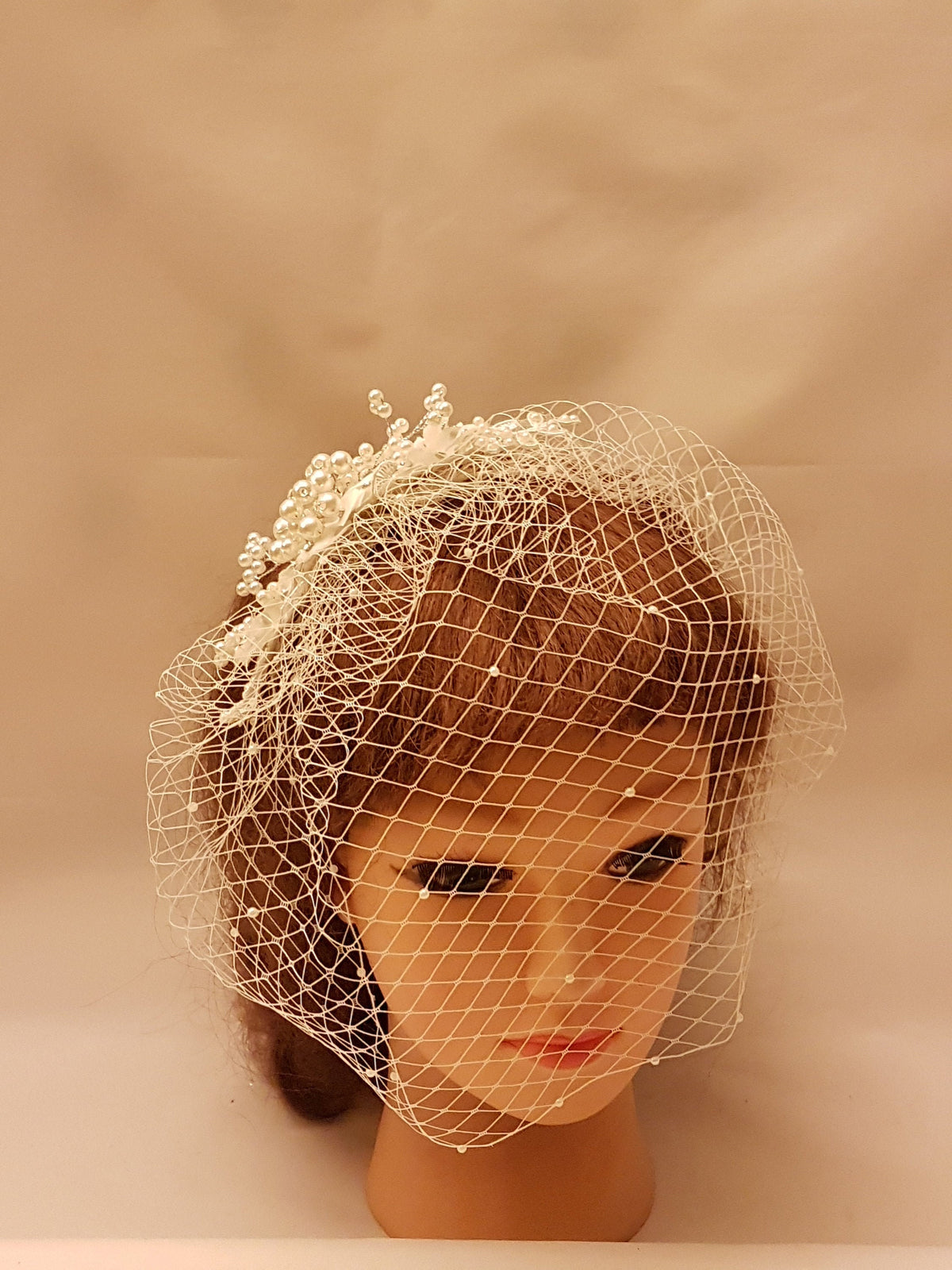Birdcage Veil - White Ivory Bridal short veil with Crystal Pearl Fascinator