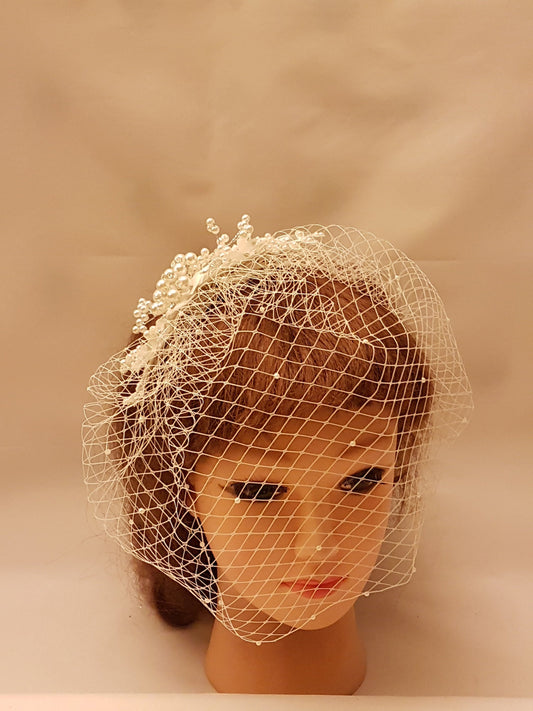 Birdcage Veil - White Ivory Bridal short veil with Crystal Pearl Fascinator