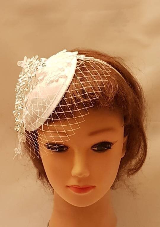 Bridal Fascinator: Lace, Crystal & Pearl Mini Veil - Wedding Hair Accessory