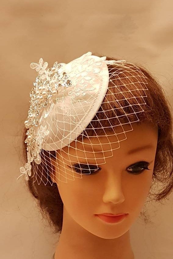 Bridal Fascinator: Lace, Crystal & Pearl Mini Veil - Wedding Hair Accessory