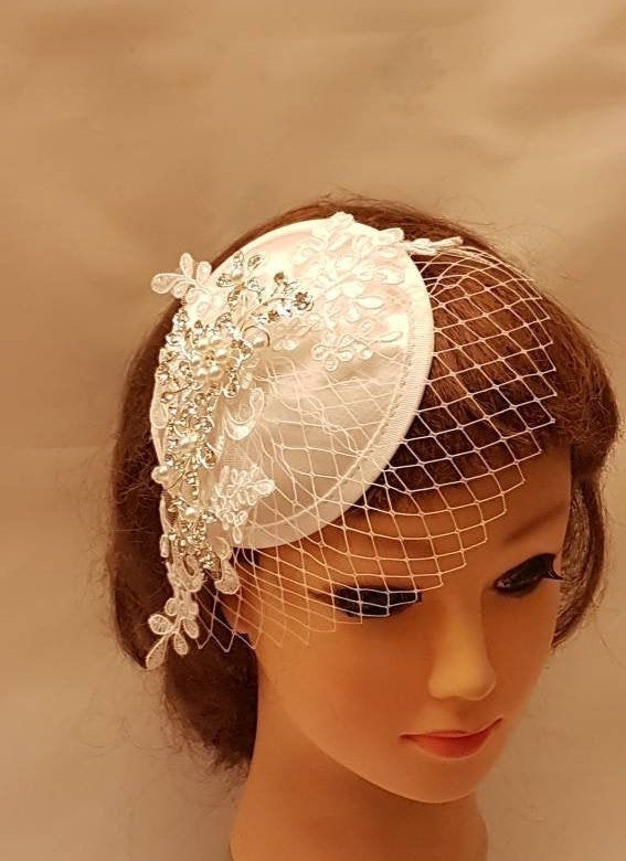 Bridal Fascinator: Lace, Crystal & Pearl Mini Veil - Wedding Hair Accessory