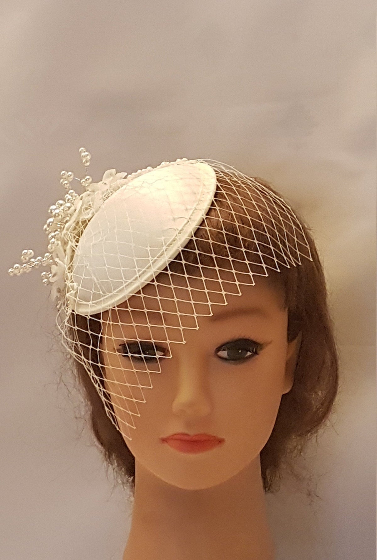 Ivory Bridal Birdcage Veil Fascinator, Crystal Pearl Wedding Headpiece
