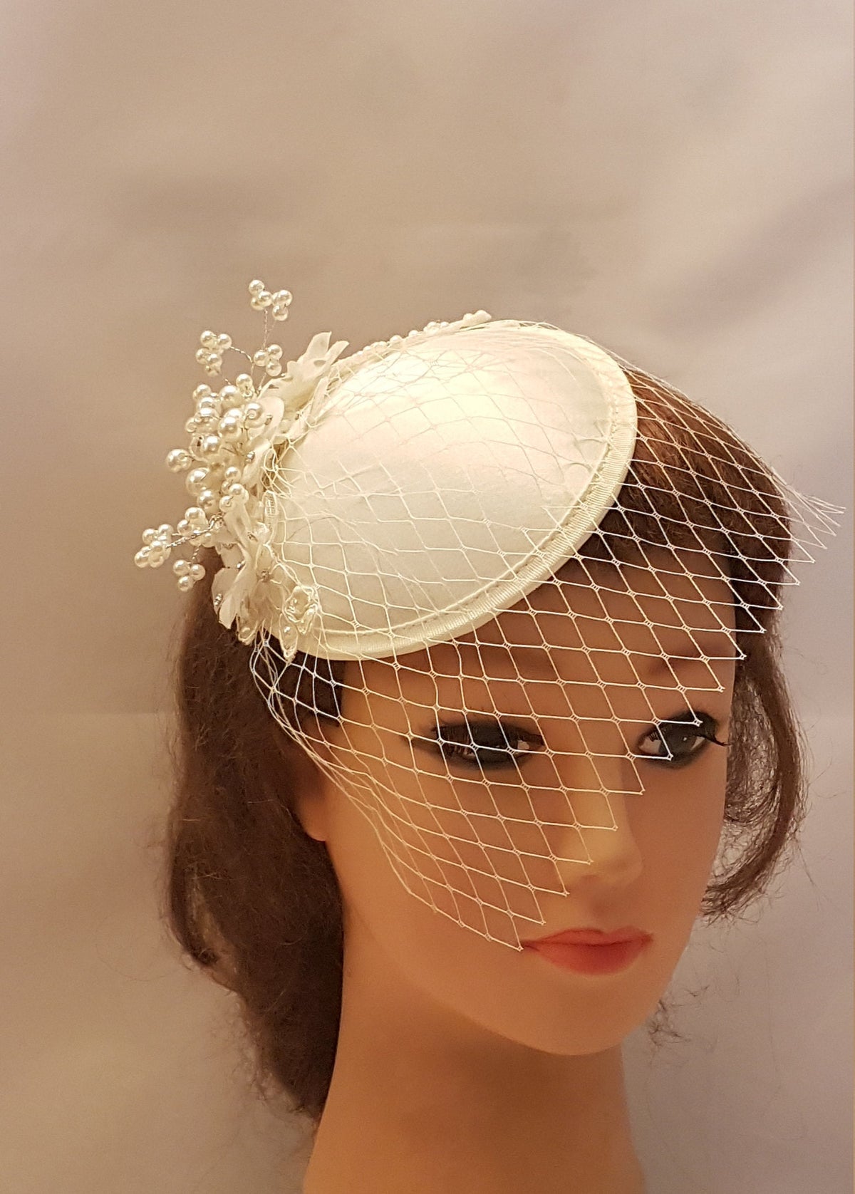 Ivory Bridal Birdcage Veil Fascinator, Crystal Pearl Wedding Headpiece