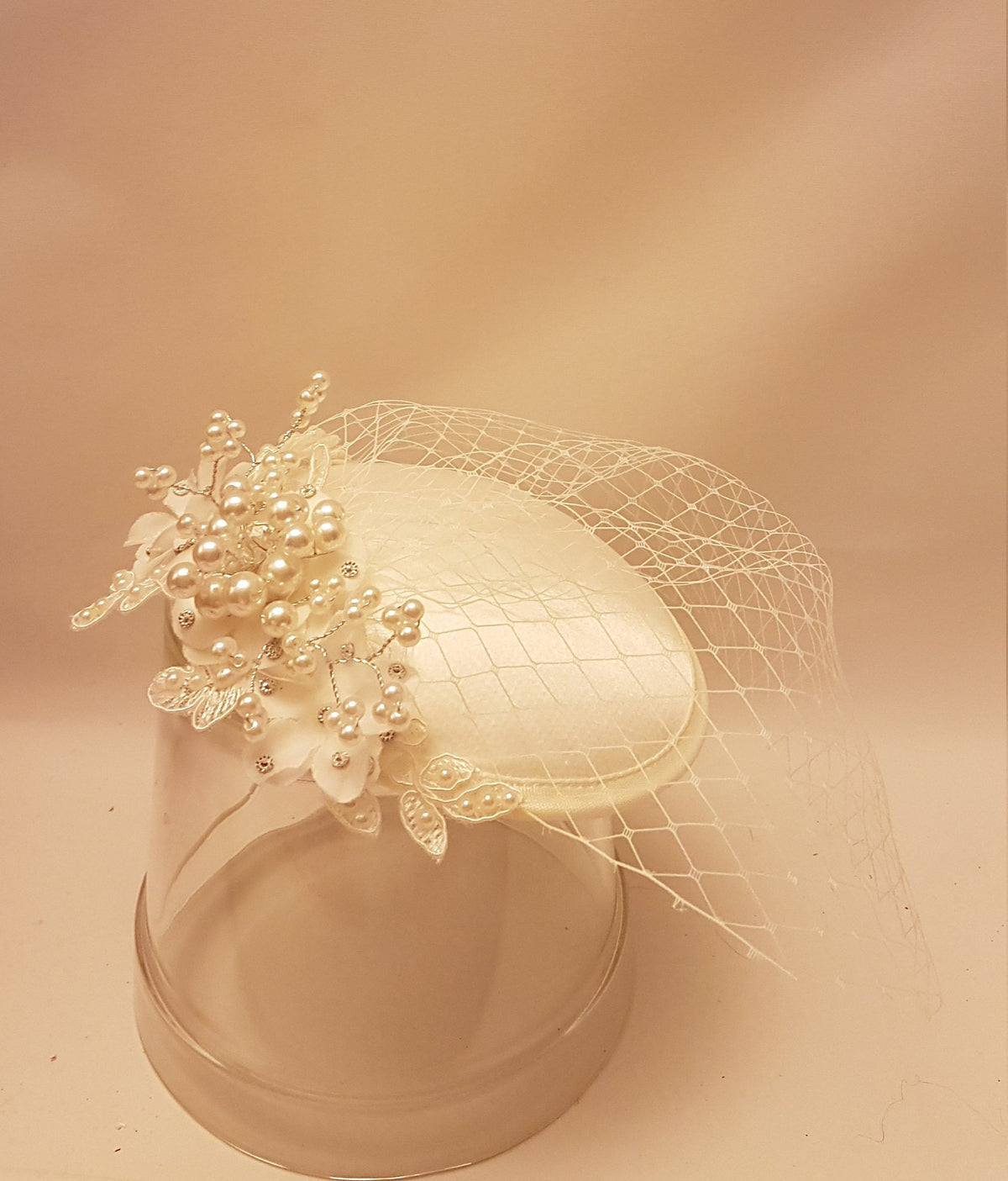 Ivory Bridal Birdcage Veil Fascinator, Crystal Pearl Wedding Headpiece