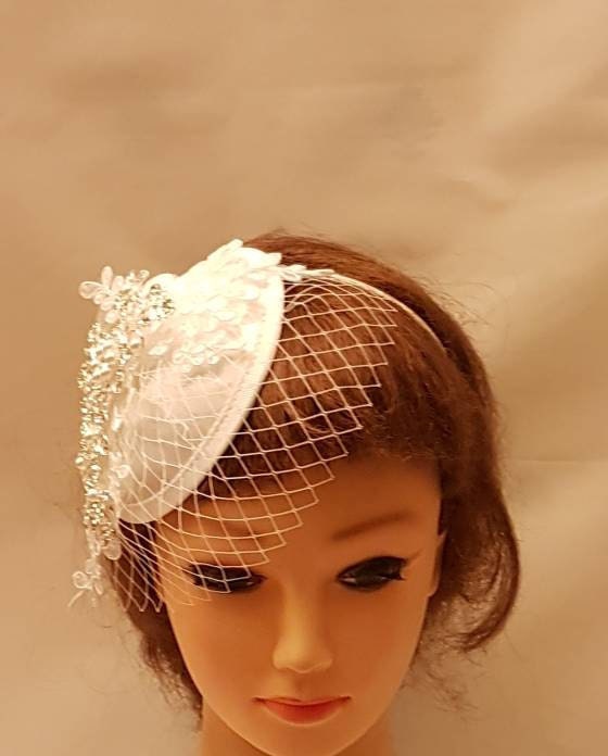 Bridal Fascinator: Lace, Crystal & Pearl Mini Veil - Wedding Hair Accessory