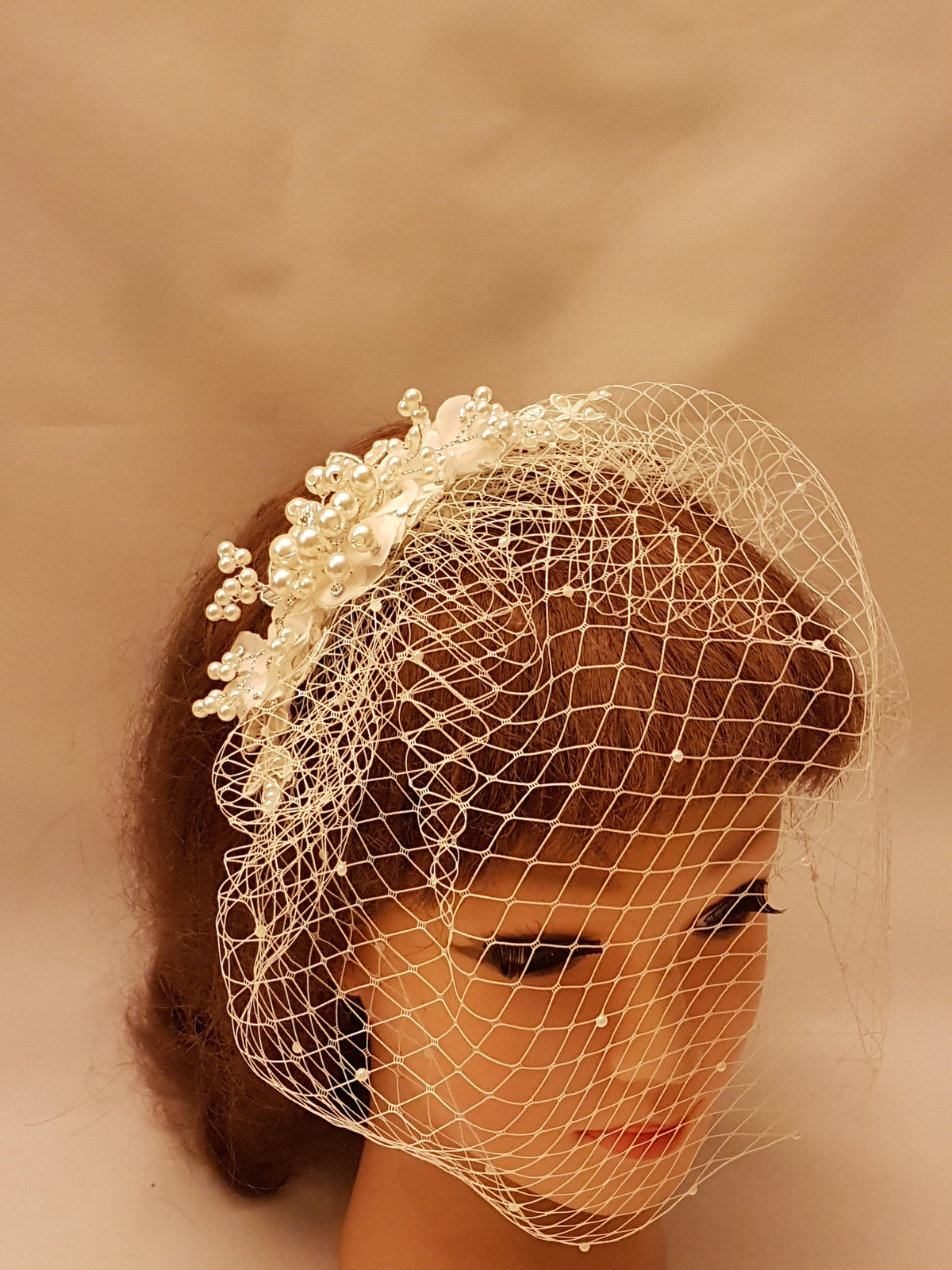 Birdcage Veil - White Ivory Bridal short veil with Crystal Pearl Fascinator