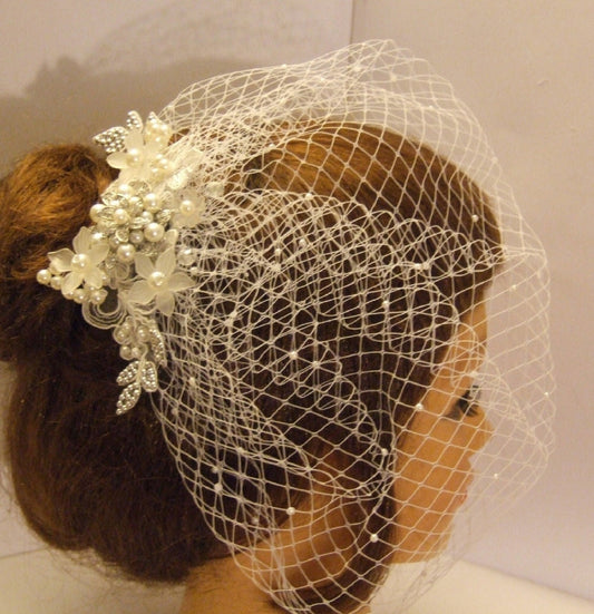 Birdcage veil with bridal comb fascinator. Bridal Pc set. bridal comb and birdcage veil