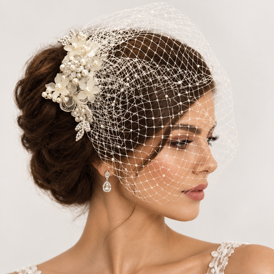 Birdcage veil White, Ivory bridal veil, Blusher veil with bridal comb. Wedding fascinator.hair accessory, 2 Pc Bridal comb  & Veil.