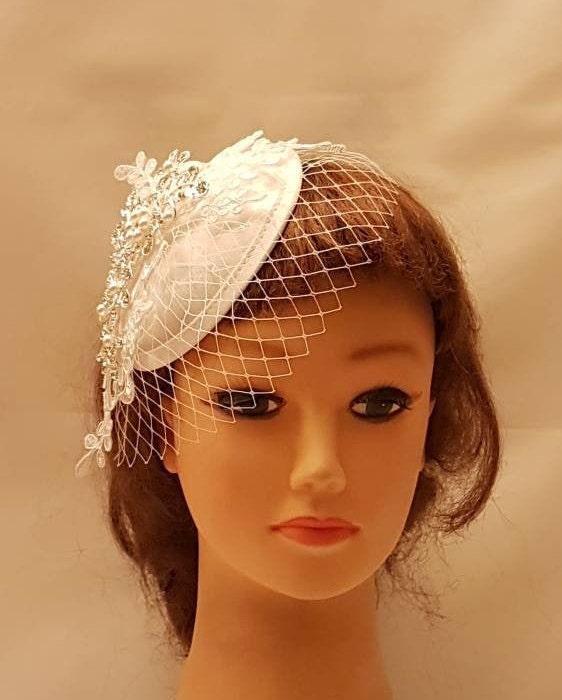 Bridal Fascinator: Lace, Crystal & Pearl Mini Veil - Wedding Hair Accessory