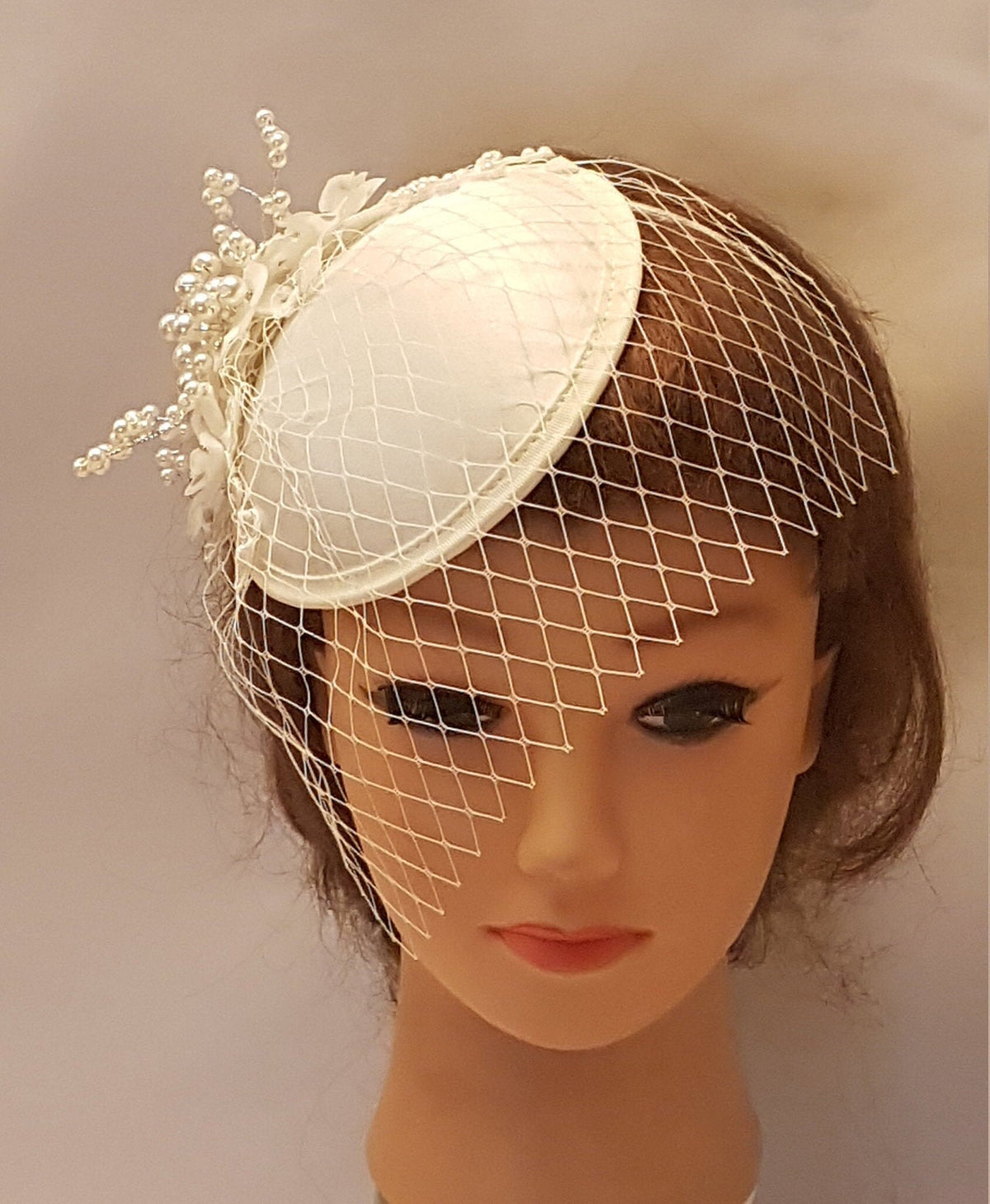 Ivory Bridal Birdcage Veil Fascinator, Crystal Pearl Wedding Headpiece