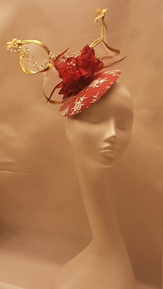 Large Teardrop Red And Gold wedding Fascinator Hat for Church Derby Ascot Royal Wedding Party.  Mother of Bride/Groom Hatinator