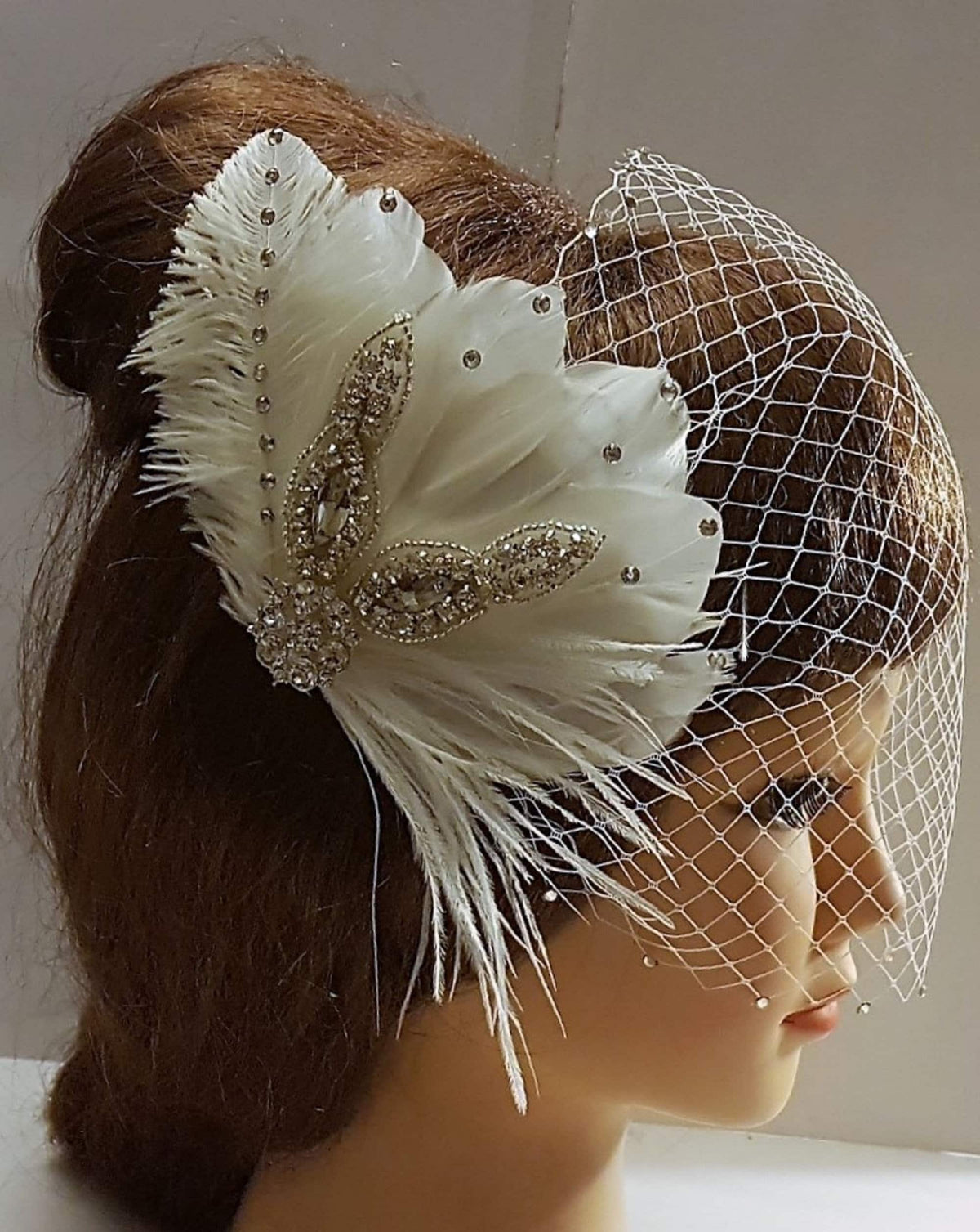Birdcage veil Feather Fascinator: Black & White feathers Crystal Headpiece and face veil