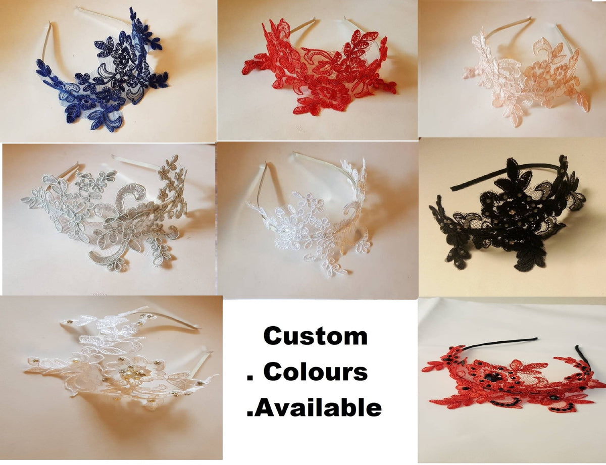 The headbands are all made with a delicate lace design and are available in navy blue, red, pink, silver, white, black, and a red with black accents. The text 'Custom .