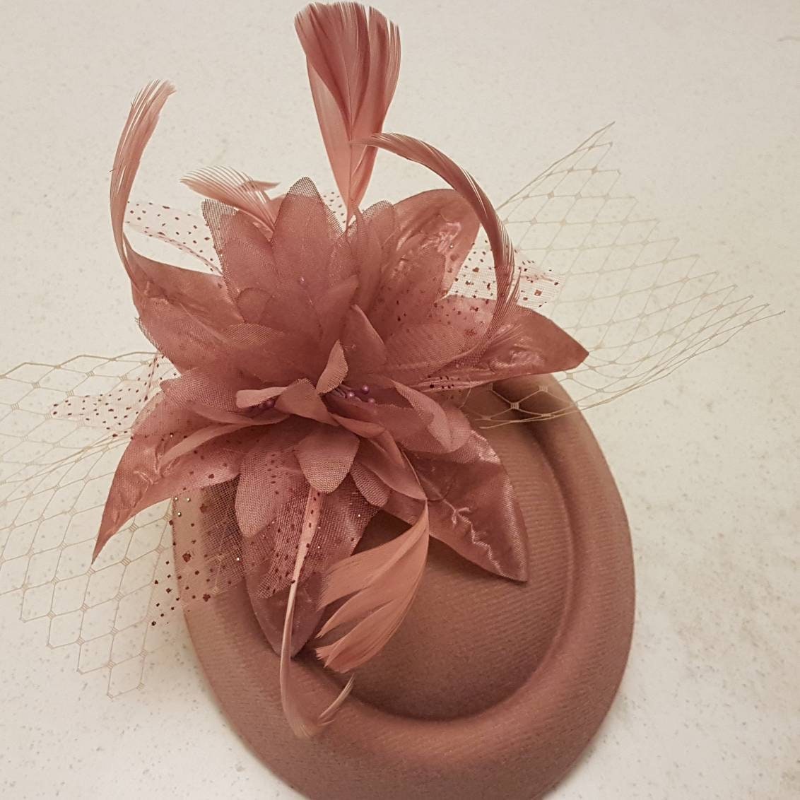 Dusty Pink Feather Fascinator Hat: Handmade Ascot Ladies Day Headpiece
