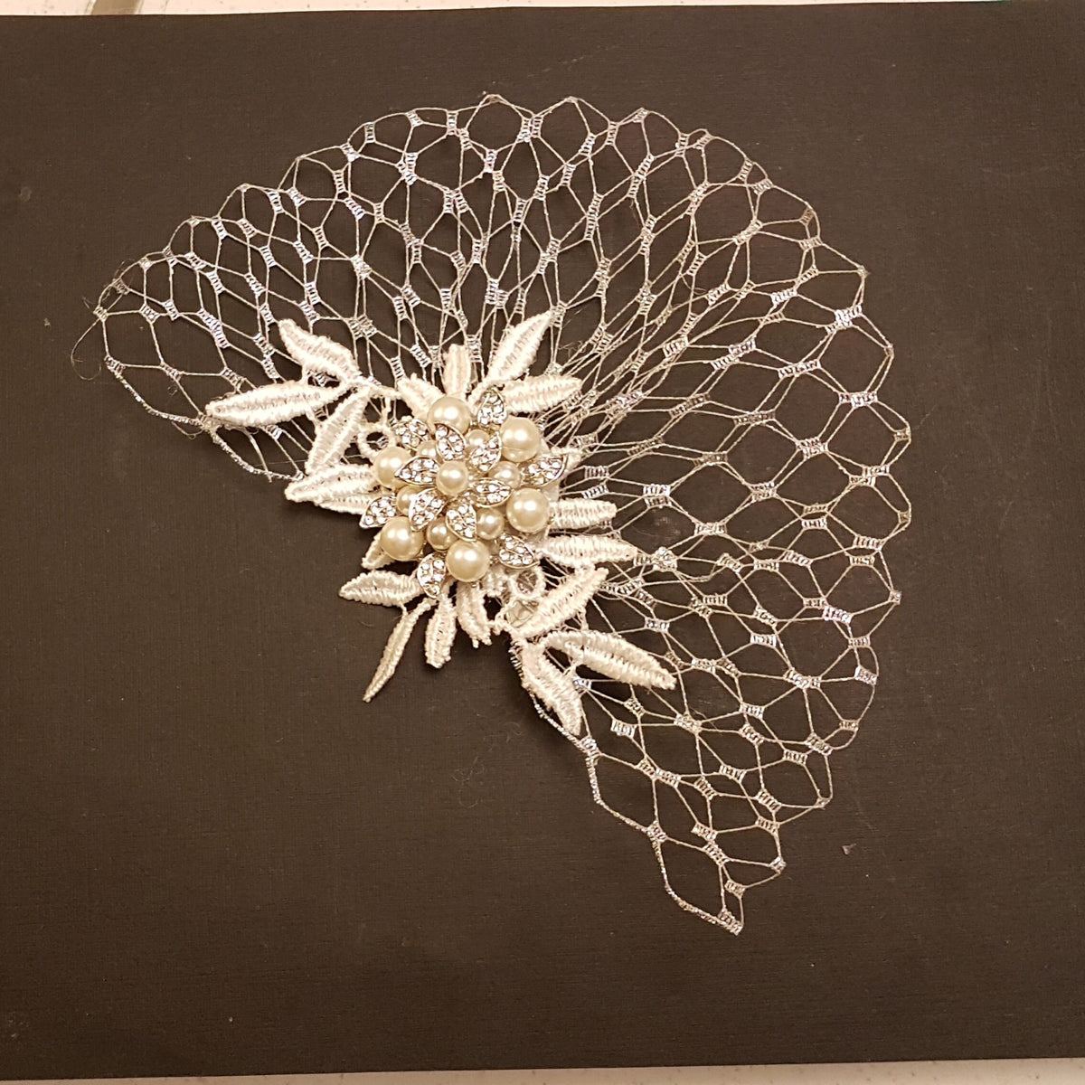 Bridal Hair Clip, Bridal Metalic SILVER French netting Hair Piece, Wedding Hair Accessory,Bridal Hair comb with leaf motif and crystal jewel