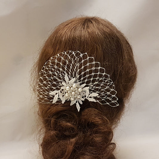 Bridal Hair Clip, Bridal Metalic SILVER French netting Hair Piece, Wedding Hair Accessory,Bridal Hair comb with leaf motif and crystal jewel