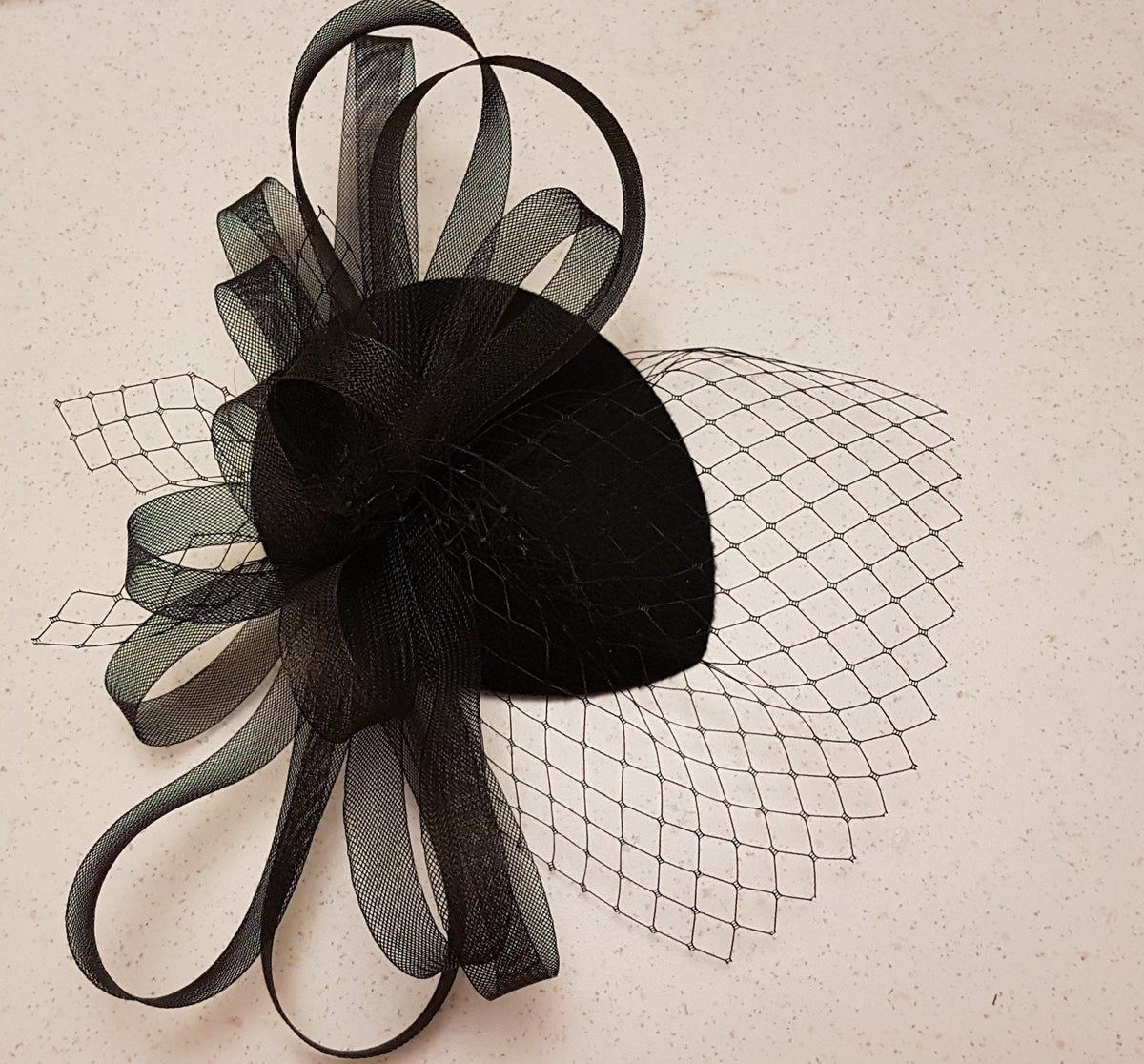 BLACK FASCINATOR with mini birdcage veil & Crinoline loops. Hat fascinator. Black Headpiece. Hair accessory, Races, Cocktail, Tea Party hat