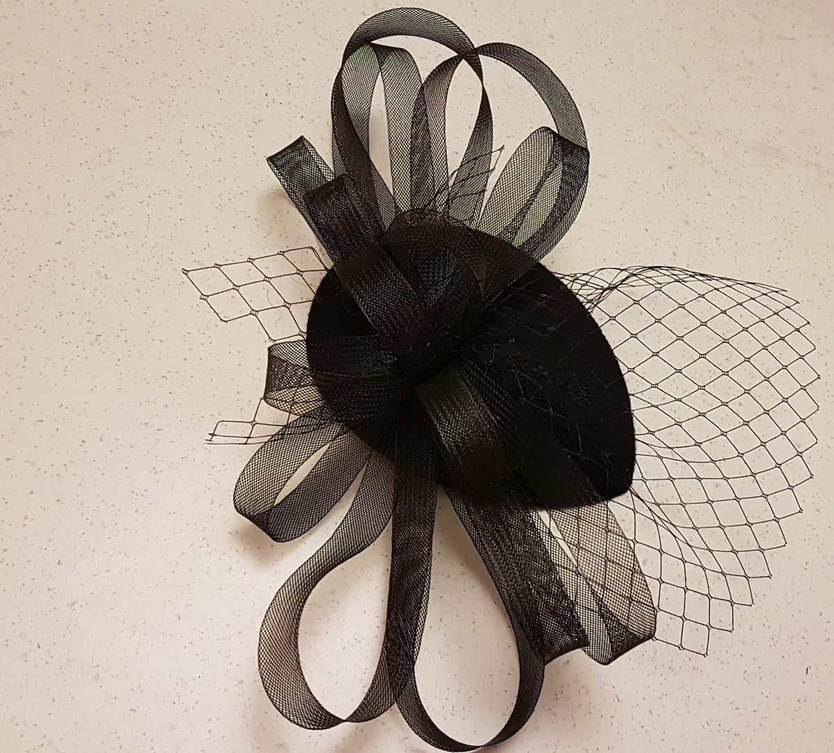 BLACK FASCINATOR with mini birdcage veil & Crinoline loops. Hat fascinator. Black Headpiece. Hair accessory, Races, Cocktail, Tea Party hat