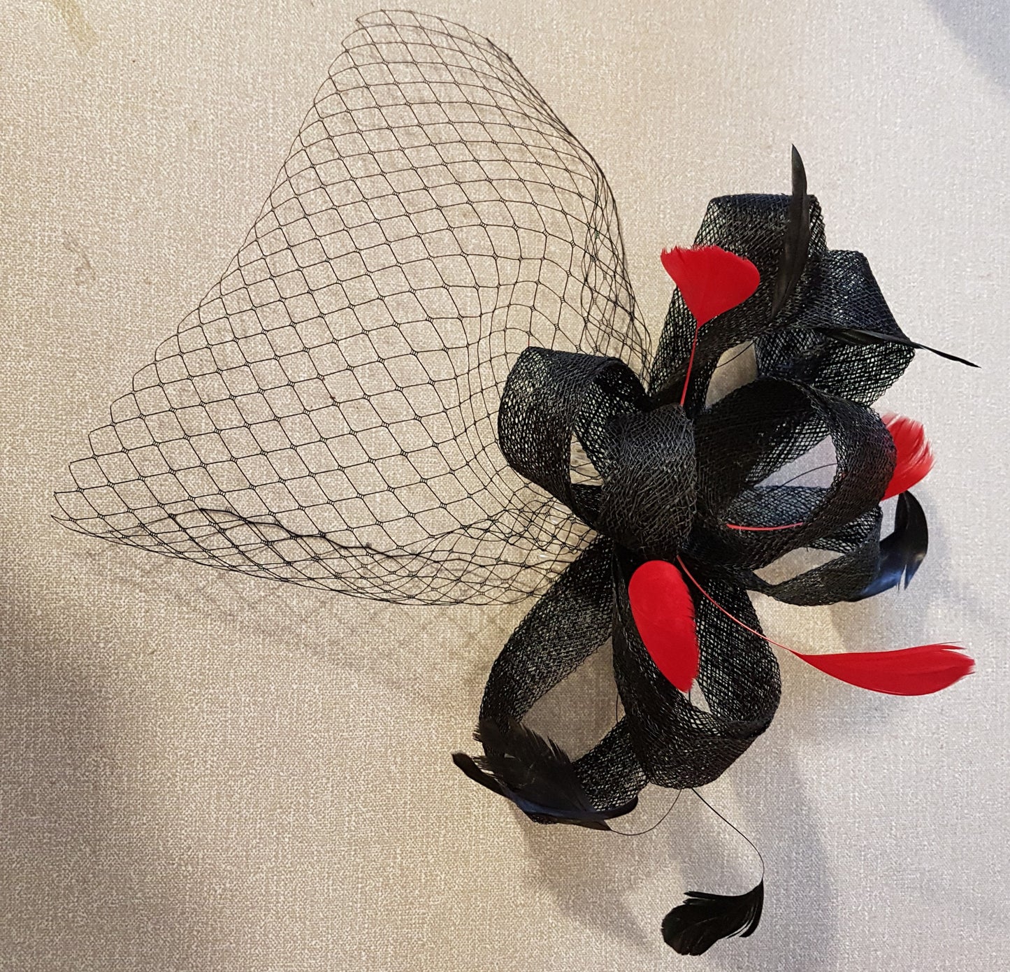 Black Fascinator birdcage veil fascinator #fascinator Black mini Birdcage veil, Red & Black Feather,Sinamay loops fascinator, Hair accessory