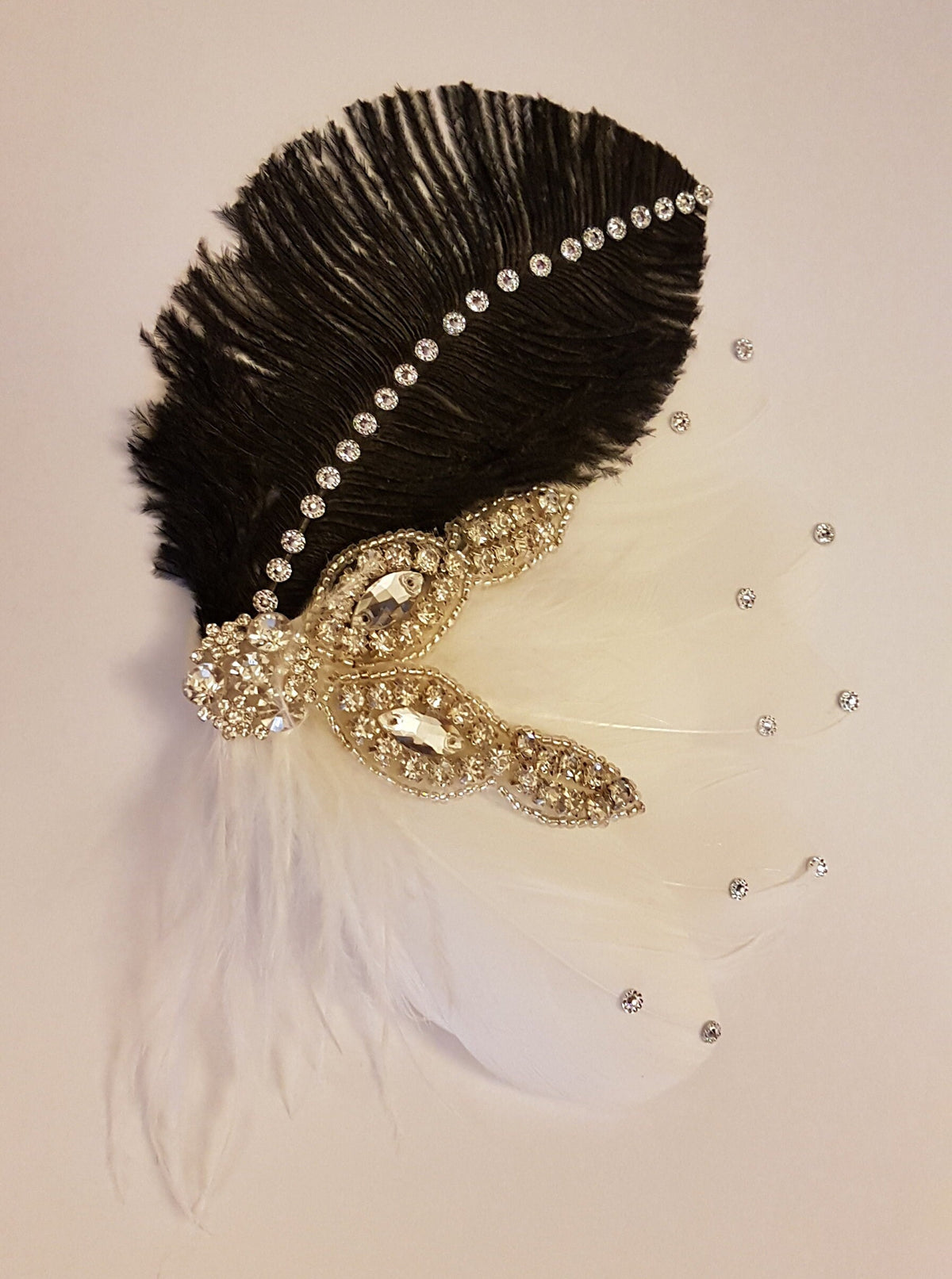 Birdcage veil Feather Fascinator: Black & White feathers Crystal Headpiece and face veil