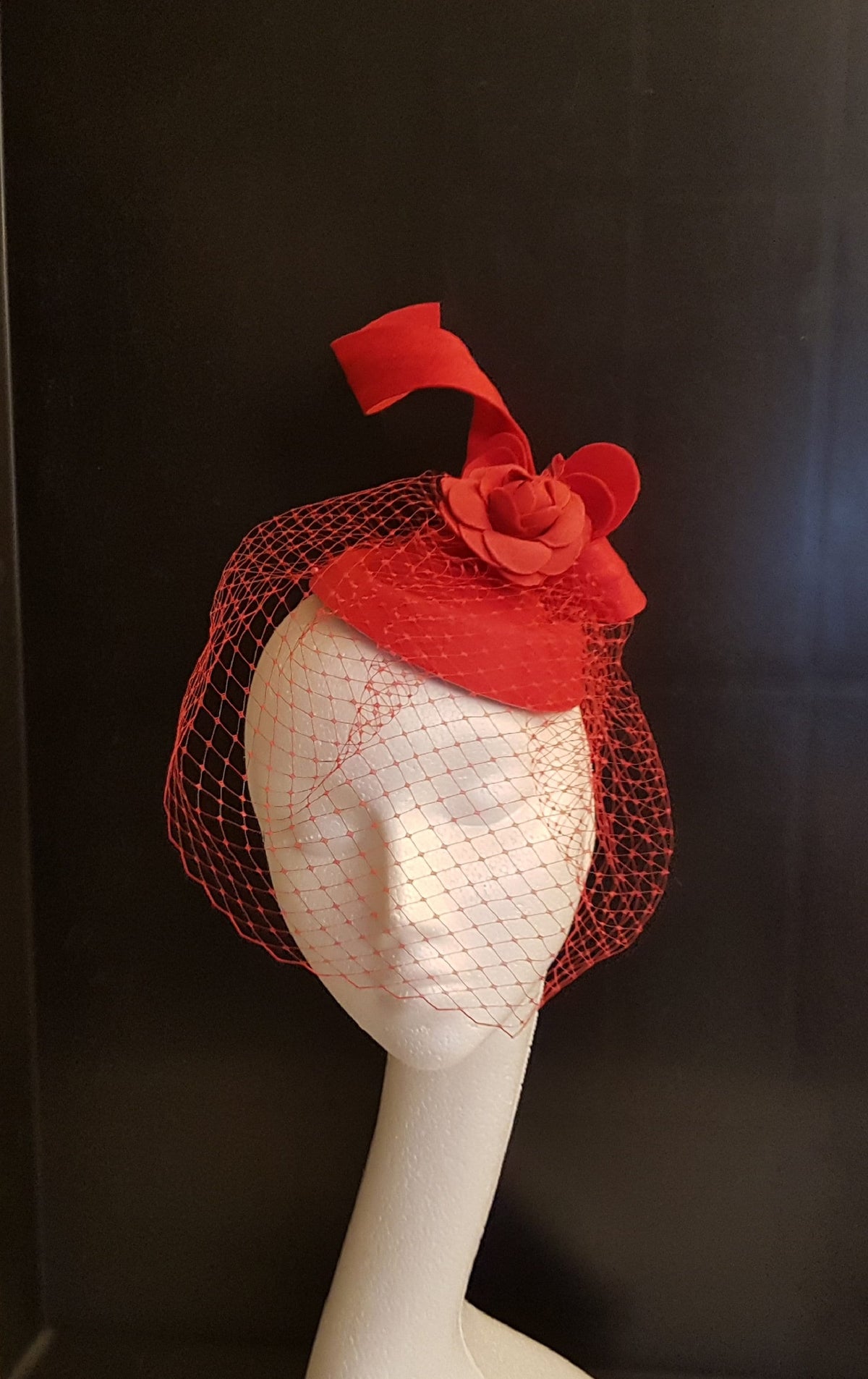 Red Felt pillbox hat Fascinator with birdcage veil