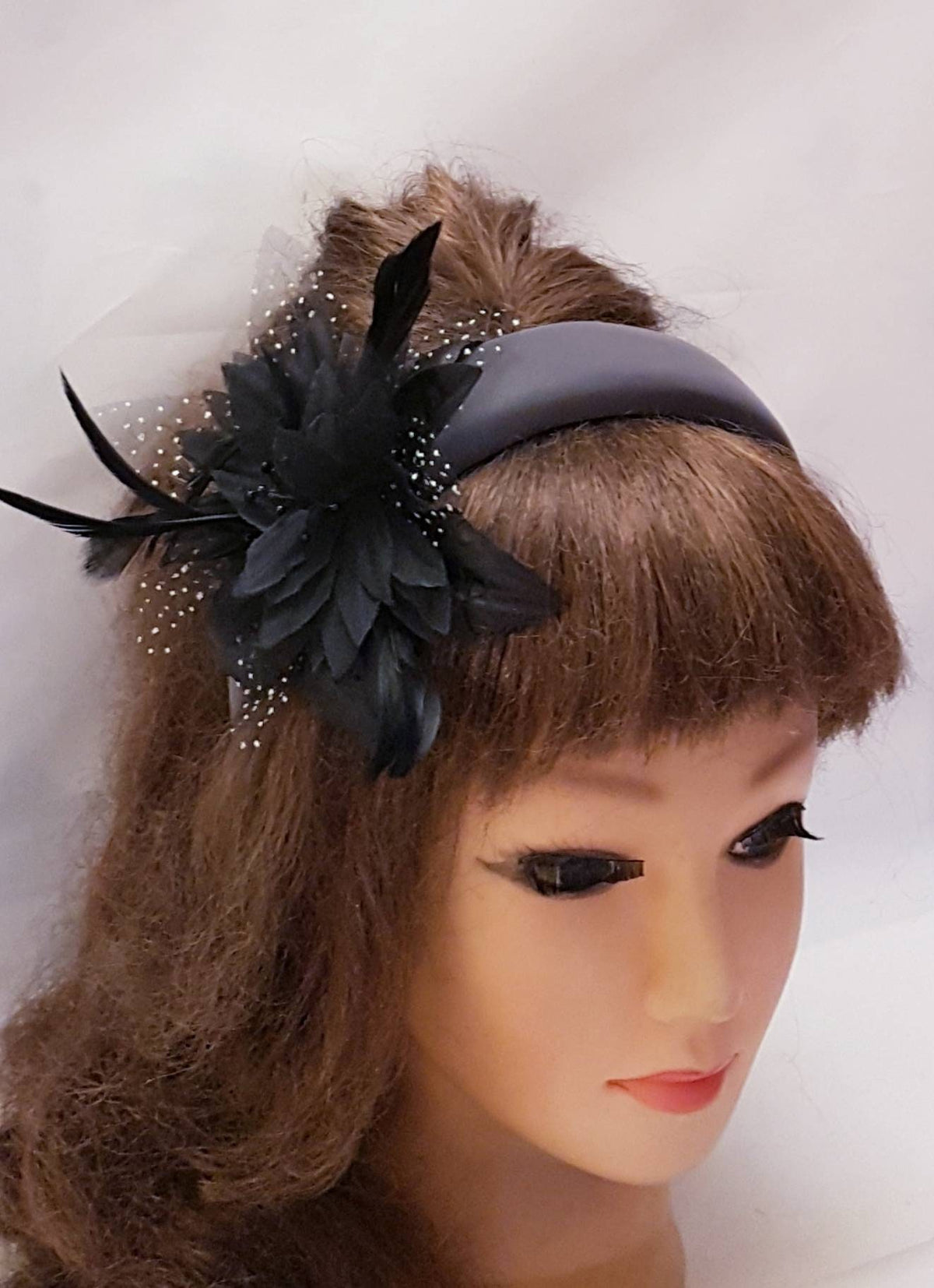 BLACK Feather Flower SUEDE Padded GREY Headband Black and Grey Fascinator Headpiece Halo Padded Hair Crown Races Wedding Prom