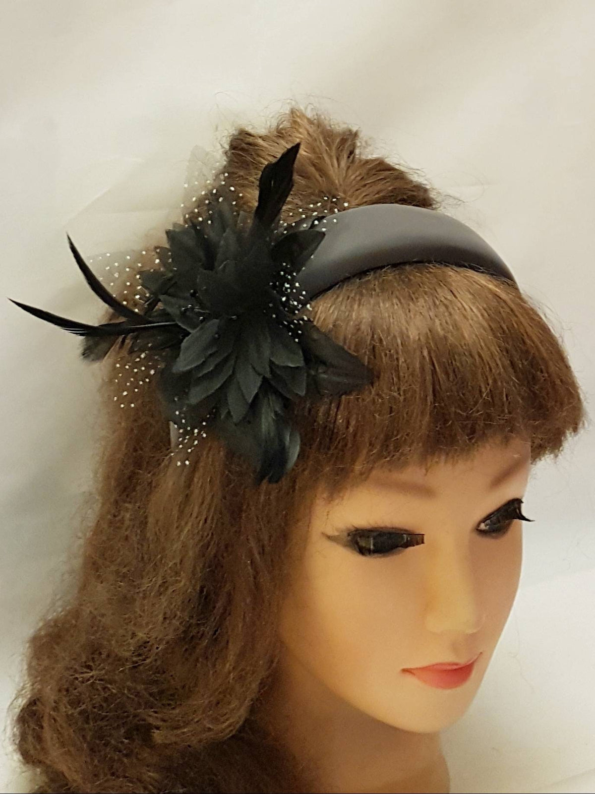 BLACK Feather Flower SUEDE Padded GREY Headband Black and Grey Fascinator Headpiece Halo Padded Hair Crown Races Wedding Prom