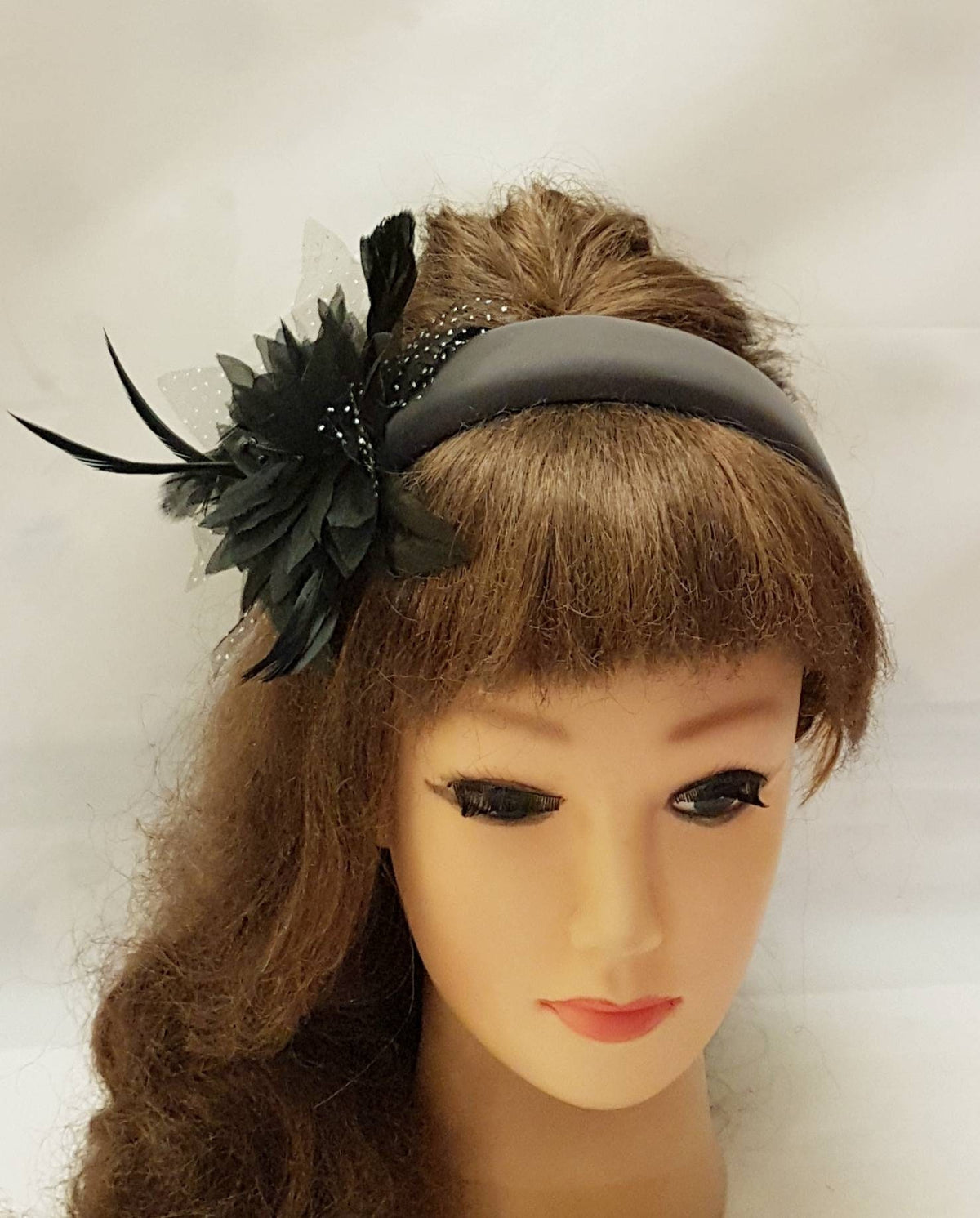 BLACK Feather Flower SUEDE Padded GREY Headband Black and Grey Fascinator Headpiece Halo Padded Hair Crown Races Wedding Prom