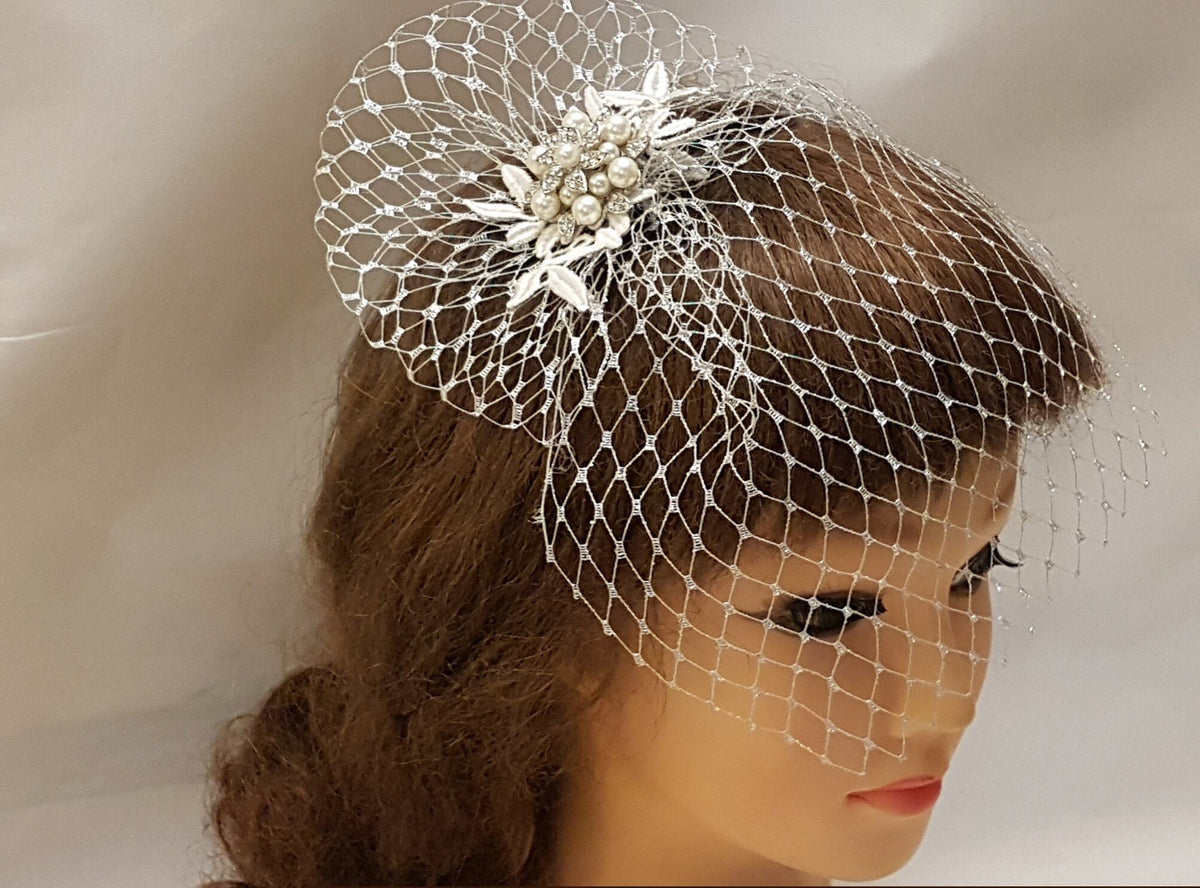 Birdcage Veil Bridal Blusher 1920s Boho Gatsby Wedding Crystal HAIRCOMB & METALIC SILVER Veil fascinator Headpiece with Mini French veil