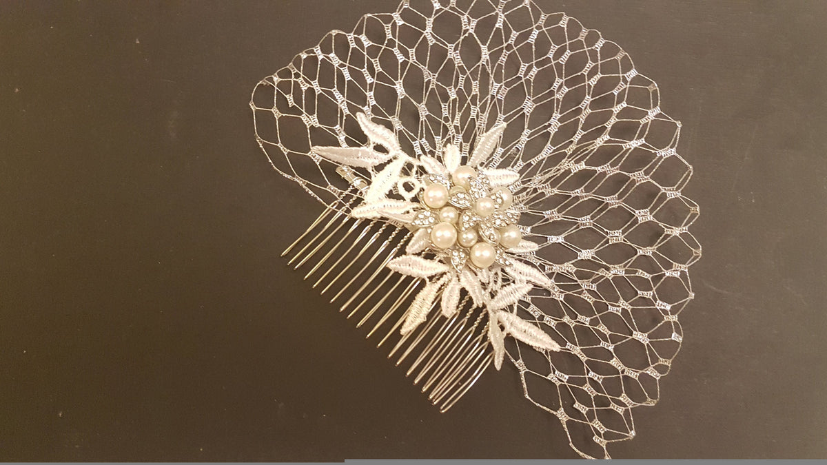 Birdcage Veil Bridal Blusher 1920s Boho Gatsby Wedding Crystal HAIRCOMB & METALIC SILVER Veil fascinator Headpiece with Mini French veil