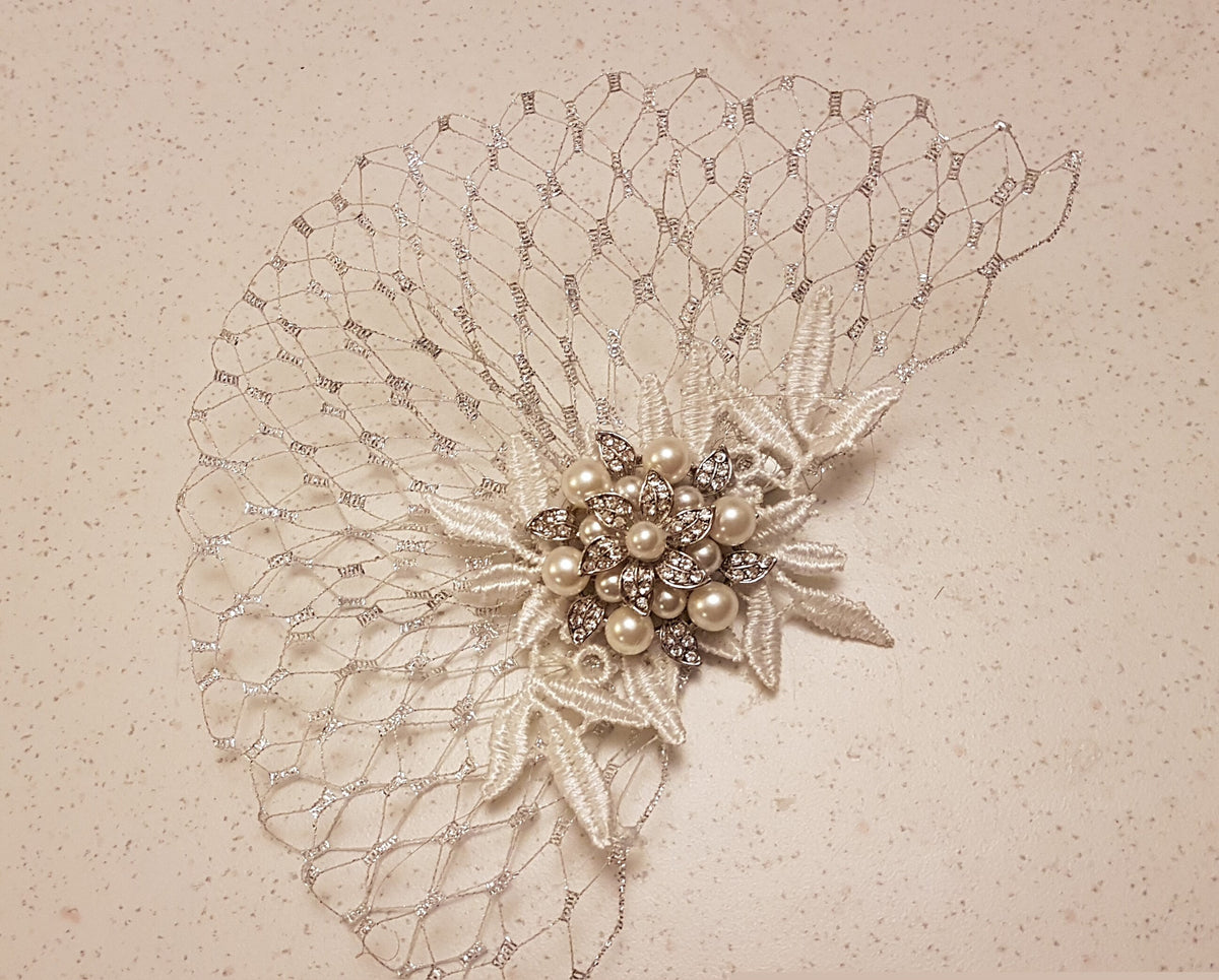 Birdcage Veil Bridal Blusher 1920s Boho Gatsby Wedding Crystal HAIRCOMB & METALIC SILVER Veil fascinator Headpiece with Mini French veil