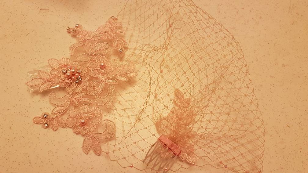 Blush Pink Birdcage Veil Bridal lace birdcage veil Fascinator with Pearls and Crystal Wedding face veil
