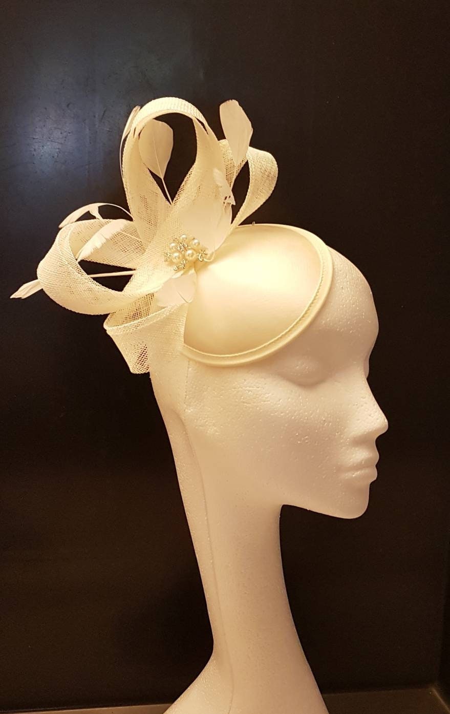 Ivory Sinamay Feather Fascinator: Derby, Wedding, Ascot Hat