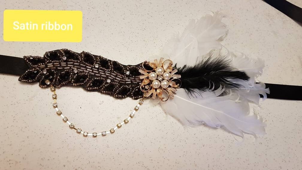 Gatsby Headband, 1920s Flapper Headpiece,Crystal Bead Great Gatsby Headband, Vintage 1920s-40s sparkly headband, Gatsby black gold headband