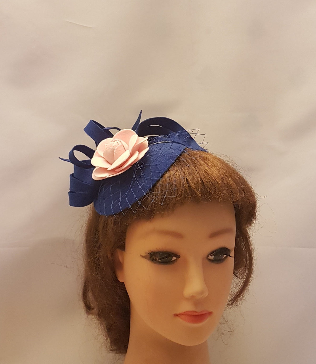 Fascinator Royal Blue Mini Felt like Teardrop hat Fascinator with Felt Loops French netting mini veil and Pink Felt Rose. Race,Tea party hat