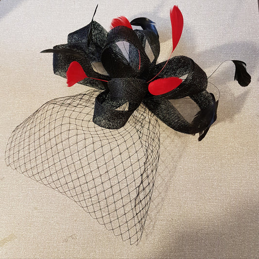 Black Fascinator birdcage veil fascinator #fascinator Black mini Birdcage veil, Red & Black Feather,Sinamay loops fascinator, Hair accessory