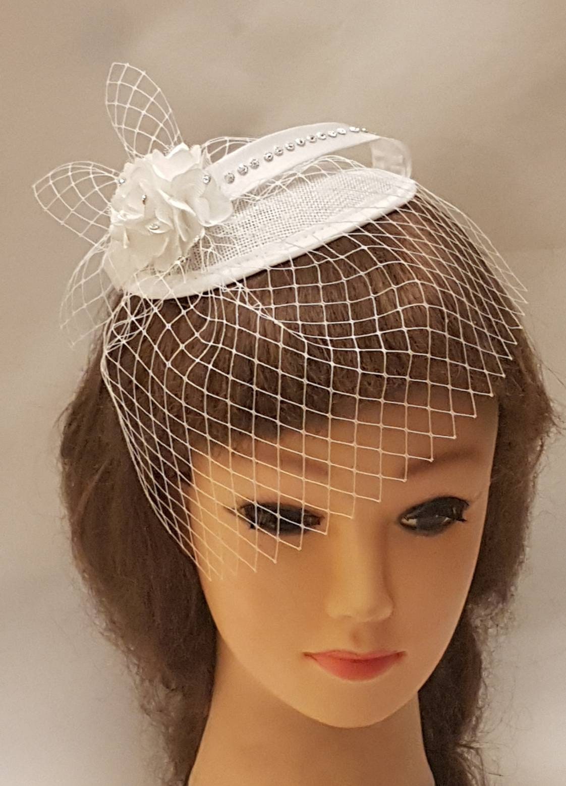 Vintage Style Birdcage Veil Fascinator: Teardrop Mini Hat, Crystal Satin Loops