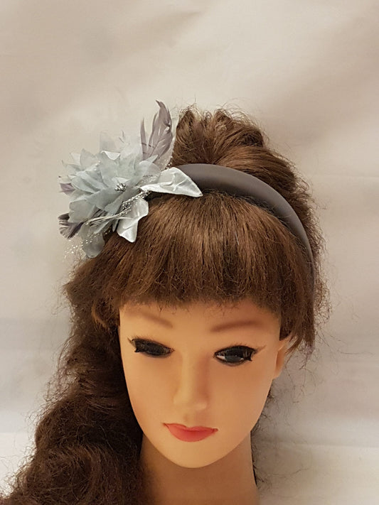 SILVER GREY Headband #Silver Grey Feather Flower SUEDE Padded Grey Headband Fascinator Headpiece Halo Padded Hair Crown Races Wedding Prom