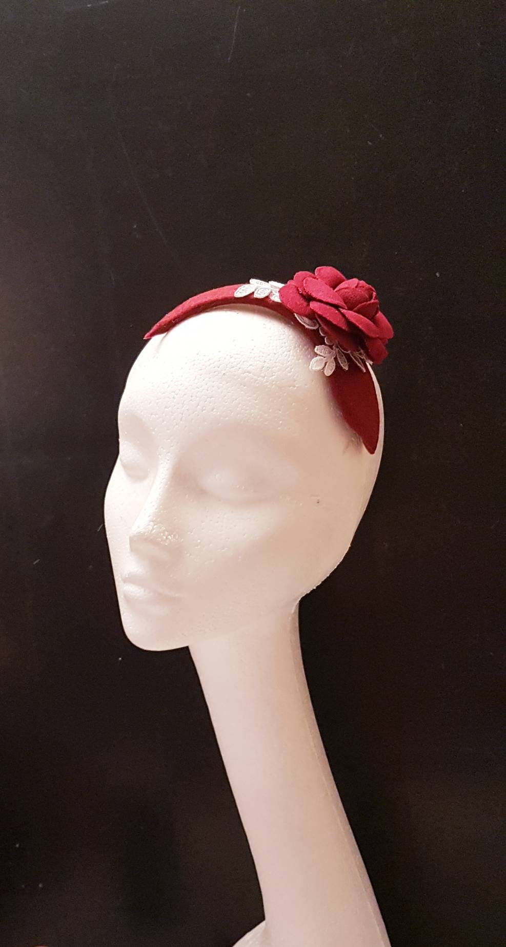 MAROON FASCINATOR HEADBAND. Modern Felt fascinator with Maroon  Rose. Cocktail,Ladies day,Wedding Maroon rose flower Hairpiece.