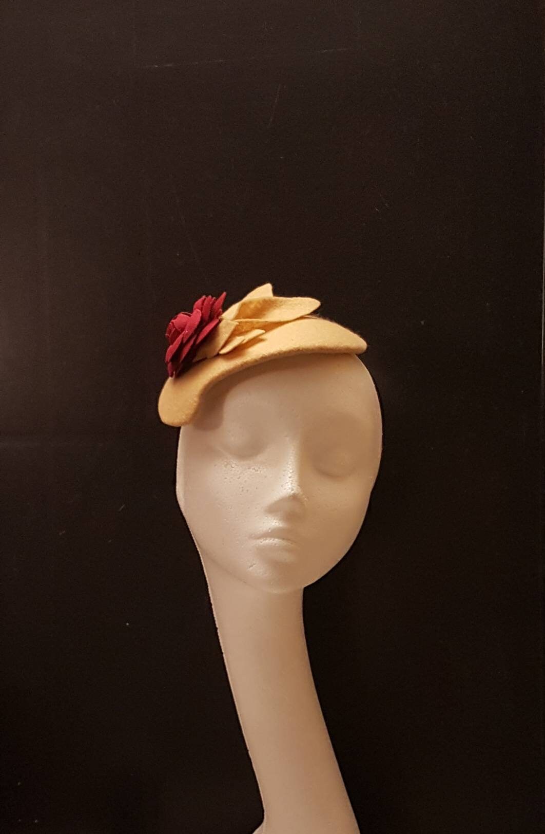 Fascinator Tan/Nude/Camel Felt fascinator # FELT HAT fascinator Maroon flower Hat fascinator,Wedding,Ascot,Cocktail,Church hat fascinator
