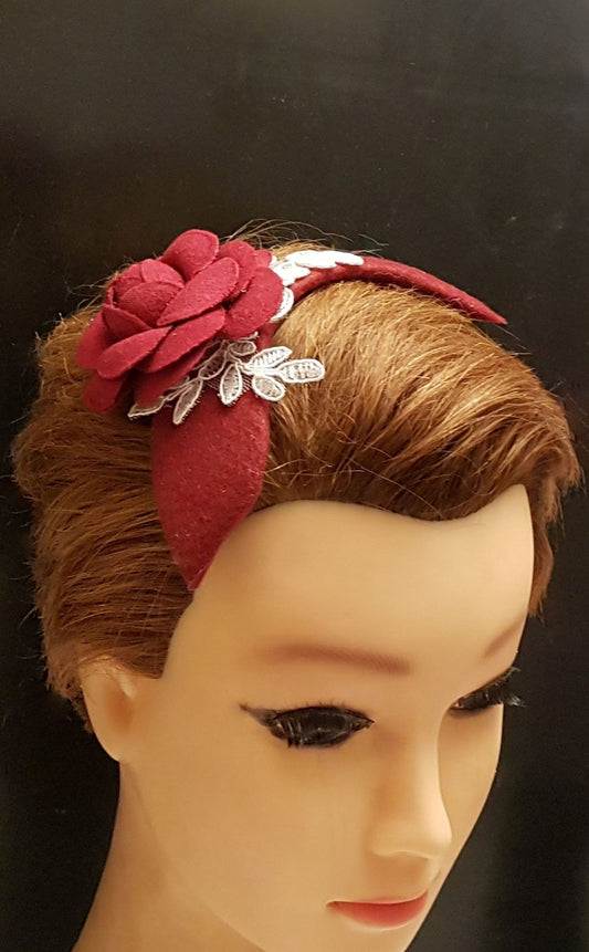 MAROON FASCINATOR HEADBAND. Modern Felt fascinator with Maroon Rose. Cocktail,Ladies day,Wedding Maroon rose flower Hairpiece.