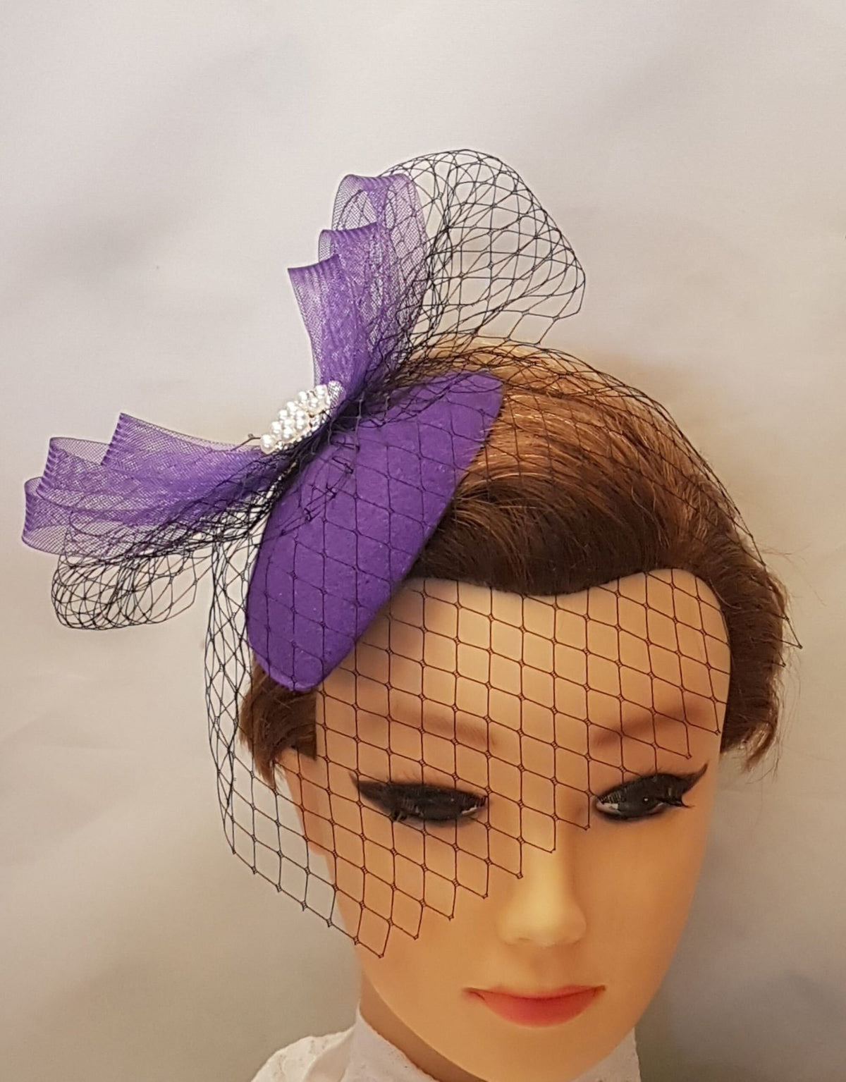 Purple Teardrop Fascinator: Handmade Small Felt Hat with Black Birdcage Veil.