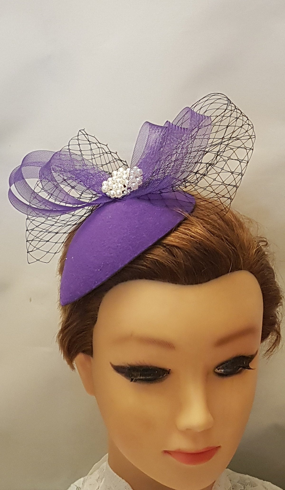 Purple Teardrop Fascinator: Handmade Small Felt Hat with Black Birdcage Veil.