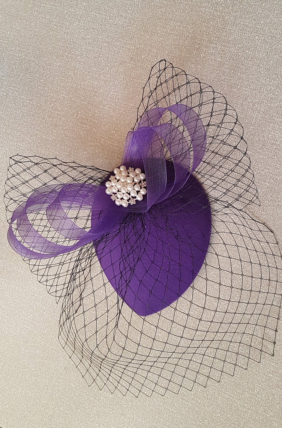 Purple Teardrop Fascinator: Handmade Small Felt Hat with Black Birdcage Veil.