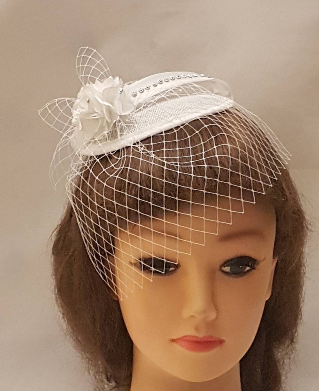 Vintage Style Birdcage Veil Fascinator: Teardrop Mini Hat, Crystal Satin Loops