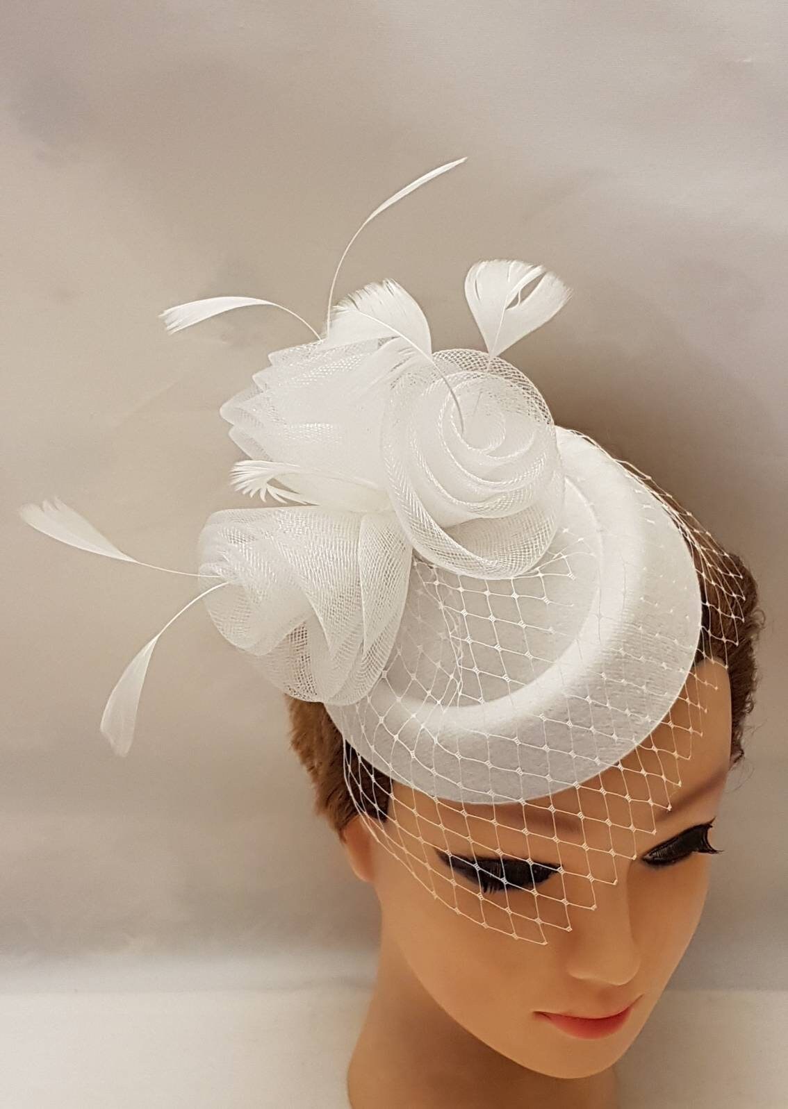 Bridal birdcage veil fascinator hat #Feather fascinator hat White Ivory Black birdcage veil Feather hat fascinator, Wedding hair accessory