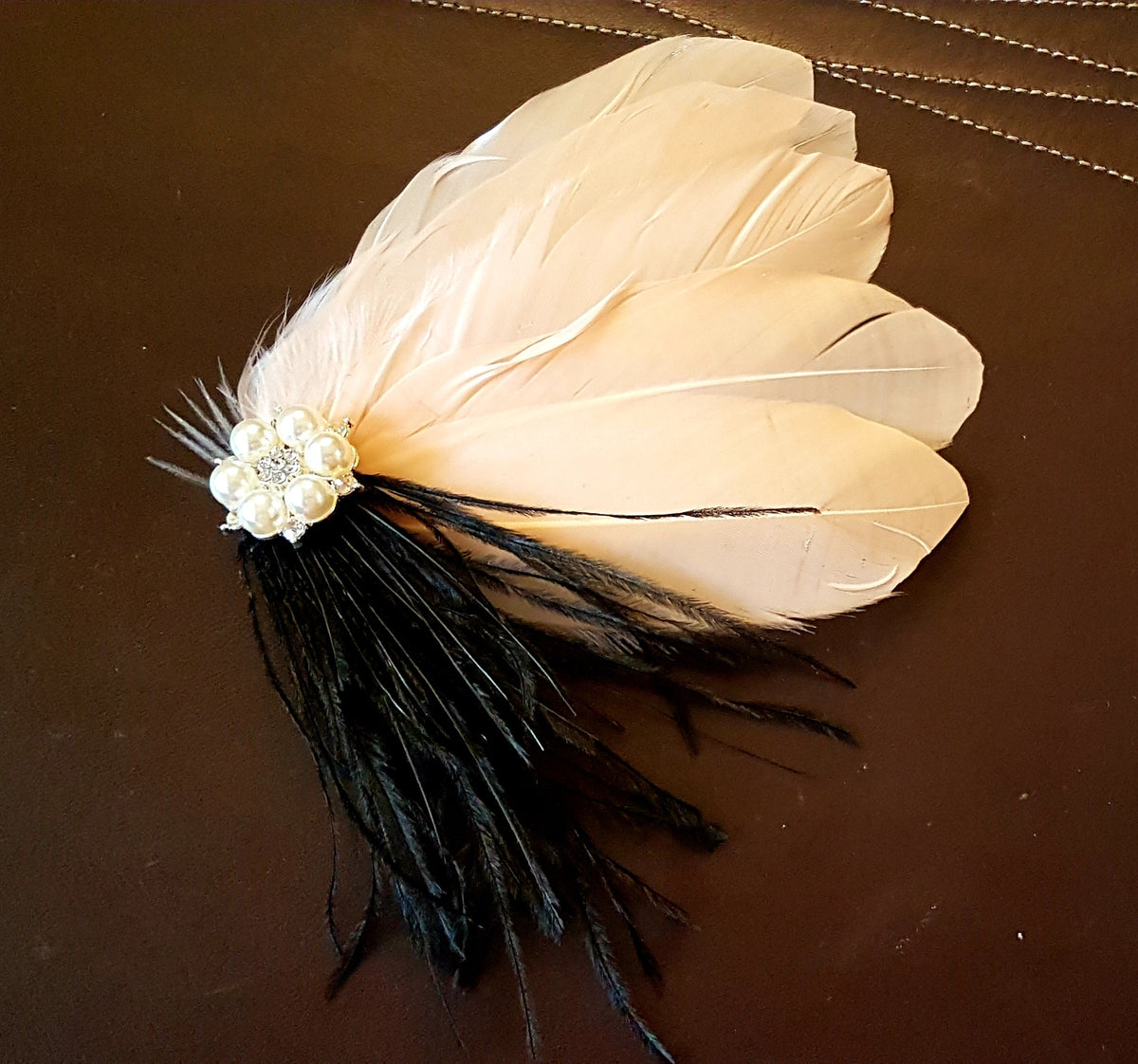 Champagne Feather Fascinator: Bridal Hair Clip with Pearl Crystal
