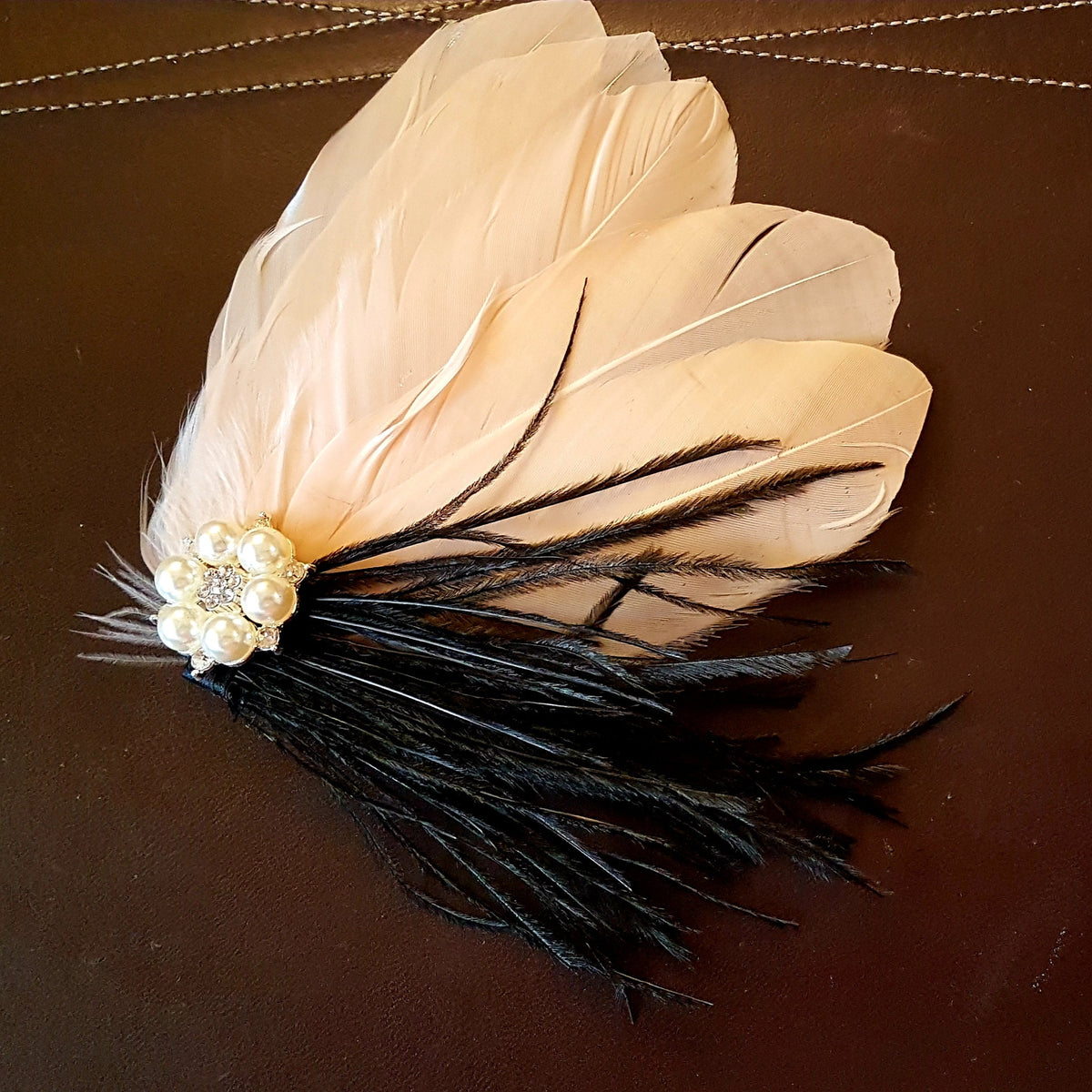 Champagne Feather Fascinator: Bridal Hair Clip with Pearl Crystal