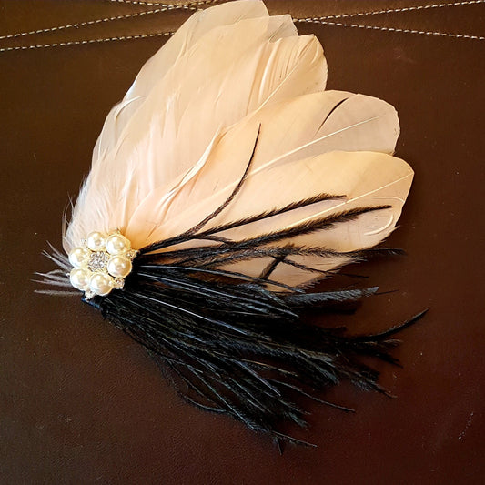 Champagne Feather Fascinator: Bridal Hair Clip with Pearl Crystal