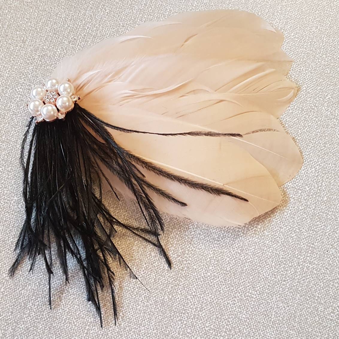 Champagne Feather Fascinator: Bridal Hair Clip with Pearl Crystal